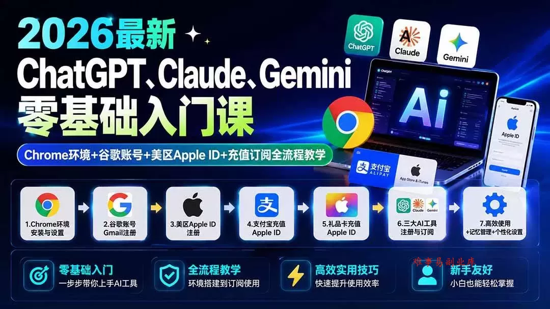 （19923期）2026最新ChatGPT、Claude、Gemini零基础入门课：Chrome环境+谷歌账号+美区Apple ID+充值订阅全流程教学-难事易副业库