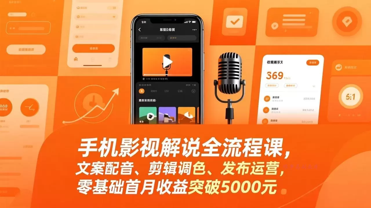 手机影视解说全流程课，文案配音、剪辑调色、发布运营，零基础首月收益突破5000元-难事易副业库