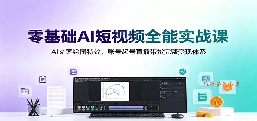 零基础AI短视频全能实战课：AI文案绘图特效，账号起号直播带货完整变现体系-难事易副业库