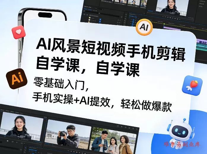 AI风景短视频手机剪辑自学课，零基础入门，手机实操+AI提效，轻松做爆款-难事易副业库