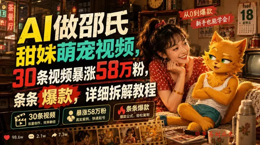 AI做邵氏甜妹萌宠视频，30条视频暴涨58万粉，条条爆款，详细拆解教程-难事易副业库
