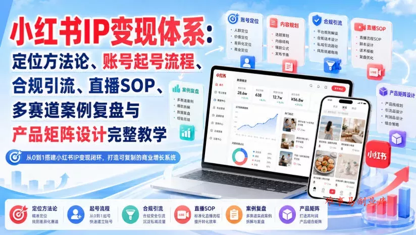小红书IP变现体系：定位方法论、账号起号流程、合规引流、直播SOP、多赛道案例复盘与产品矩阵设计完整教学-难事易副业库
