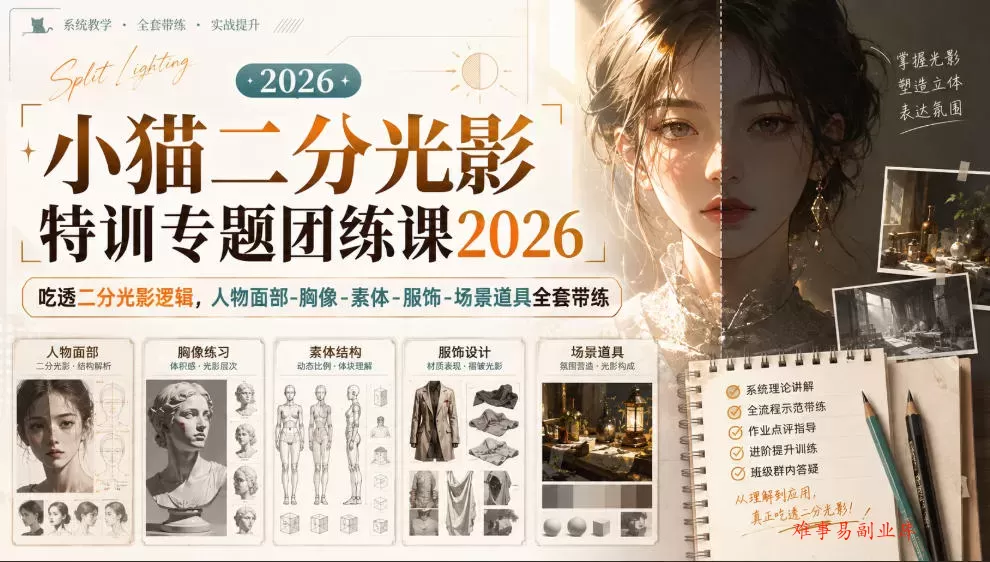 小猫二分光影特训专题团练课2026|吃透二分光影逻辑,人物面部‑胸像‑素体‑服饰‑场景道具全套带练,高清画质附赠课件与笔刷 小猫二分光影特训专题团练课2026|吃透二分光影逻辑,人物面部‑胸像‑素体‑服饰‑场景道具全套带练,高清画质附赠课件与笔刷