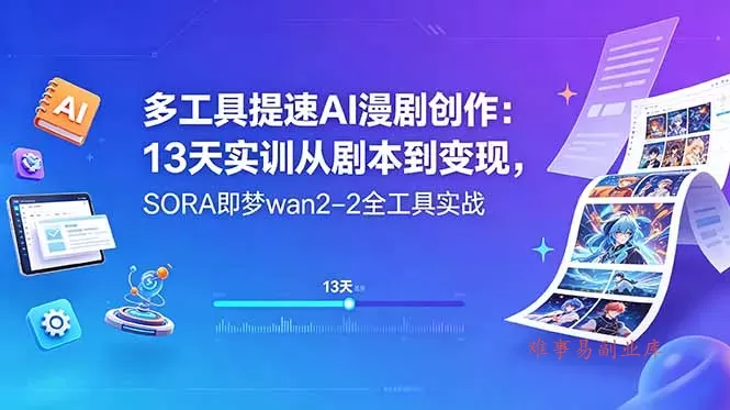 多工具提速AI漫剧创作：13天实训从剧本到变现，SORA即梦wan2-2全工具实战-难事易副业库