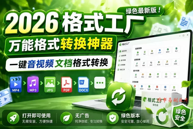 2026格式工厂绿色最新版！万能格式转换神器，一键音视频文档格式转换，打开即可使用，无广告绿色版本-难事易副业库
