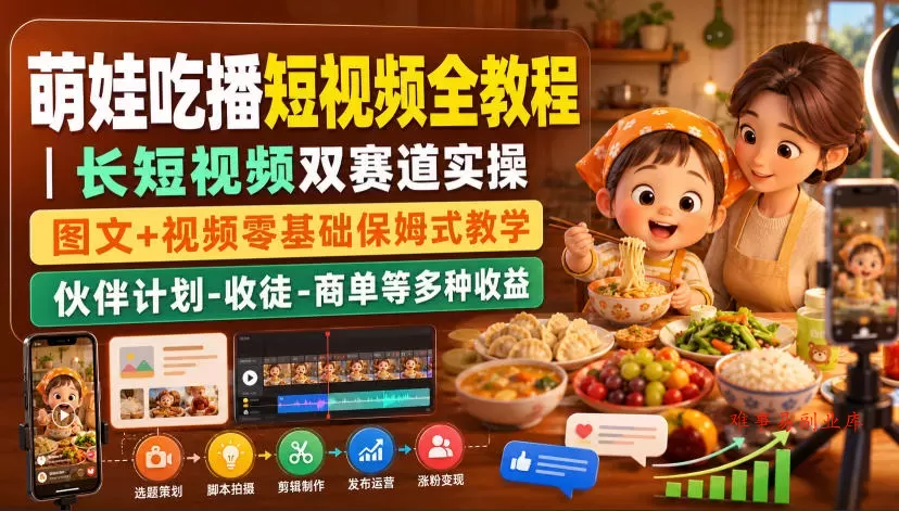 萌娃吃播短视频全教程｜长短视频双赛道实操，图文+视频零基础保姆式教学，伙伴计划-收徒-商单等多种变现方式-难事易副业库